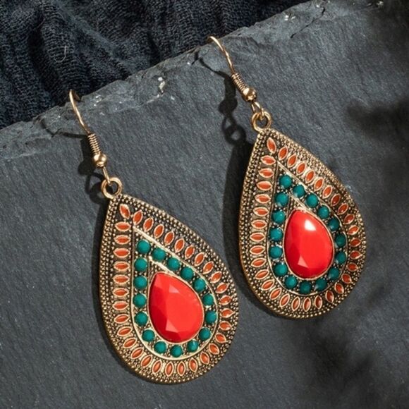 BOGO! Red-Orange & Green Boho Teardrop Earrings - Picture 3 of 5